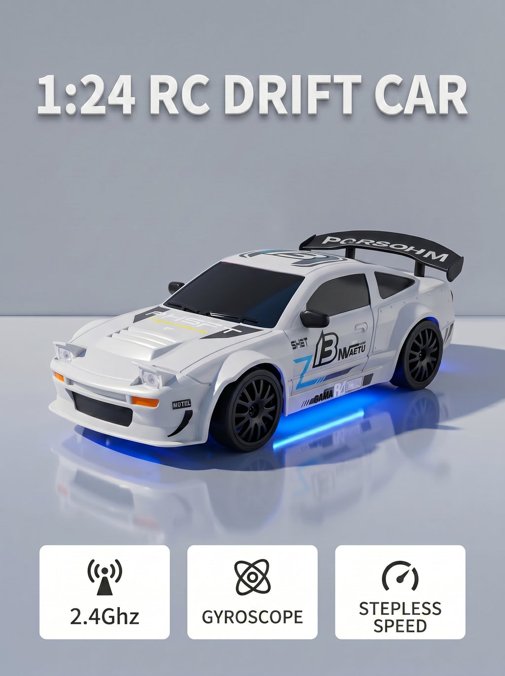 Voiture de Drift RC 4WD 1:24 SKU-A, Gyroscopique Réglable, Lumières LED, Pneus Doubles, Batterie au Lithium & Suspension avec Accessoires Complètes pour Adultes & Adolescents Amateurs, Lot de 1 Blanc