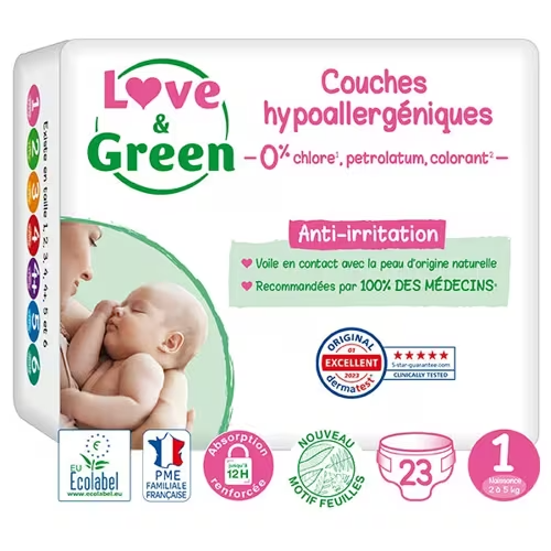 LOVE & GREEN Couches Hypoallergéniques Écologiques Taille 1 2-5kg - 23 couches