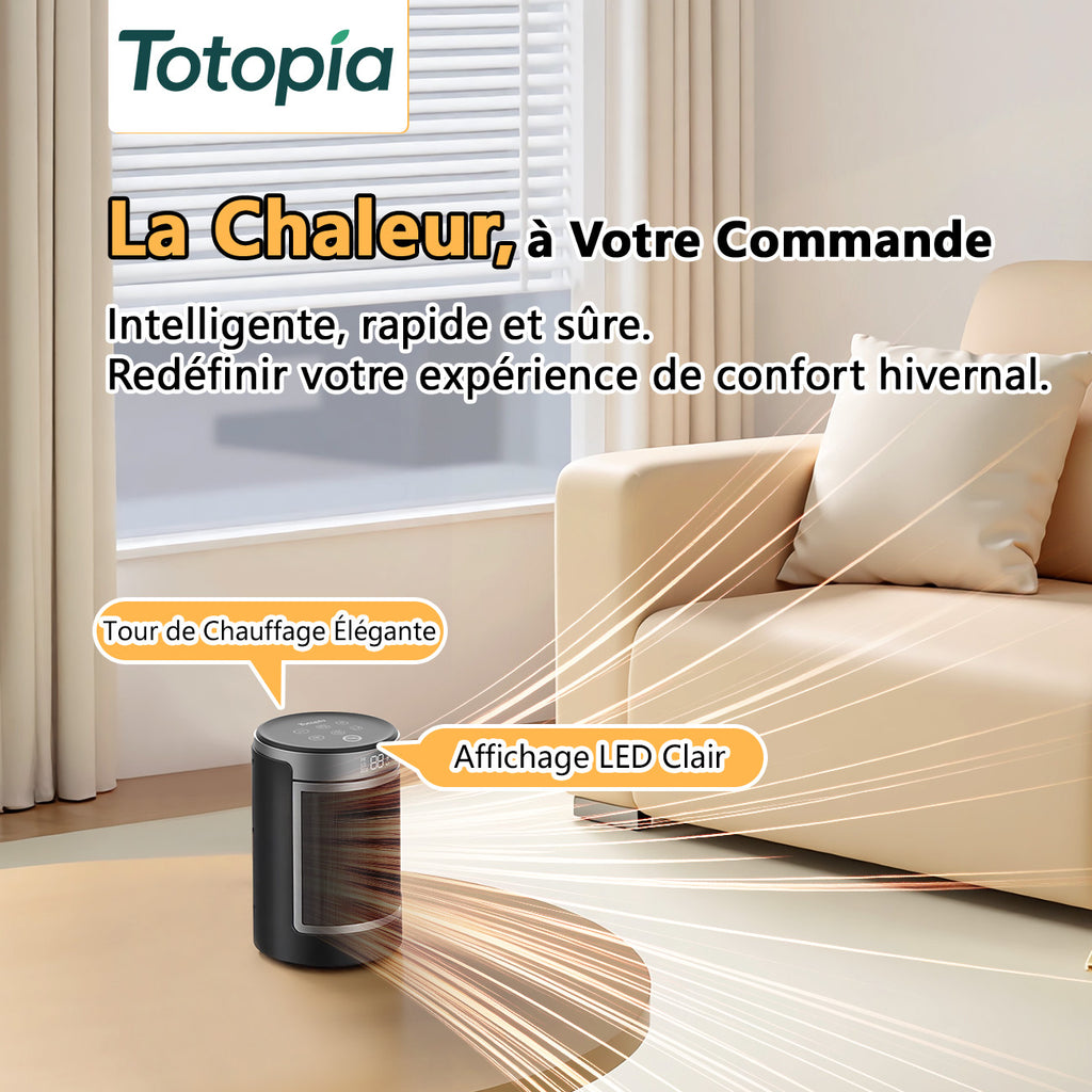 Totopia Radiateur électrique 1500 W 4 modes Élément chauffant céramique PTC Affichage LED et télécommande Minuterie 12 h Oscillation large Protections surchauffe et basculement PTC-907B