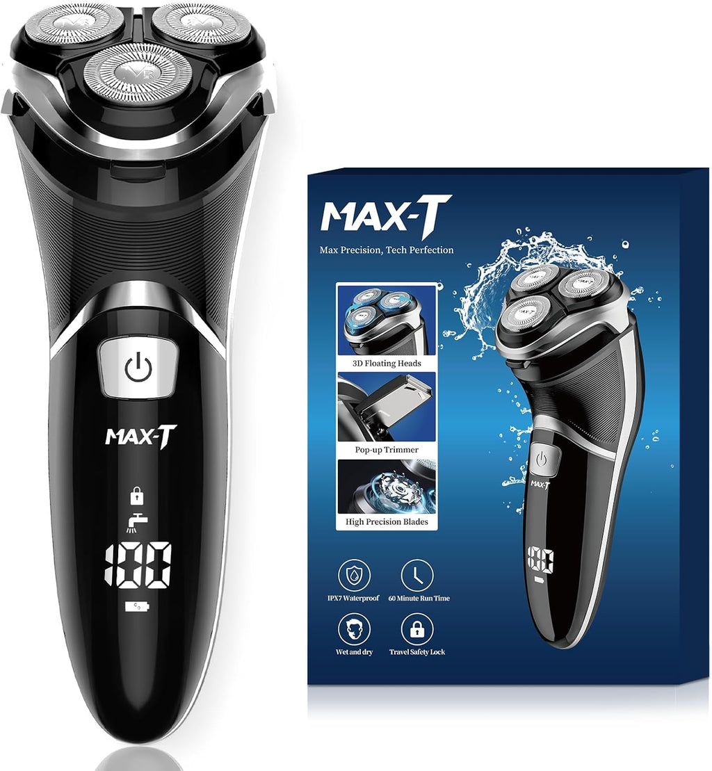 Rasoir électrique MAX-T pour hommes avec tondeuse escamotable, étanchéité IPX7, tête rotative 3D, rasoir sans fil rechargeable, port Type-C, 120 min d'autonomie, Plug & Play - Noir