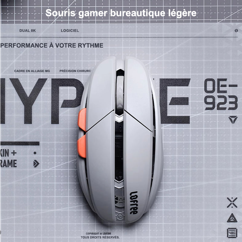 lofree Hypace souris Bluetooth, cadre en alliage de magnésium + coque en PC, connexion triple mode (Bluetooth/2.4G/filaire), capteur laser PAW3950, gris clair, OE923