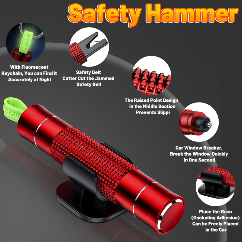 Smosun Safehammer Marteau de sécurité amélioré Brise-vitre sous l'eau Marteau de voiture Coupe-ceinture Brise-vitre Outil d'évacuation d'urgence Safehammer brise-vitre pour voitures neuves 3 pièces Rouge Noir Argent