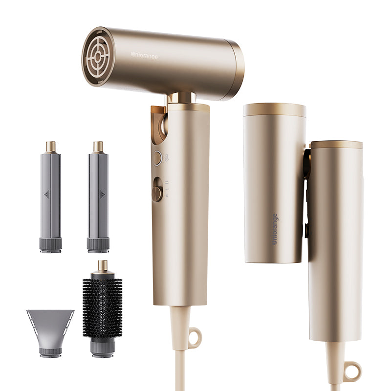 Uniorange H16 Sèche-cheveux portable pliable haute vitesse, moteur 110 000 tr/min, technologie bouclier ionique 1 milliard+, avec 4 buses de coiffage - Doré