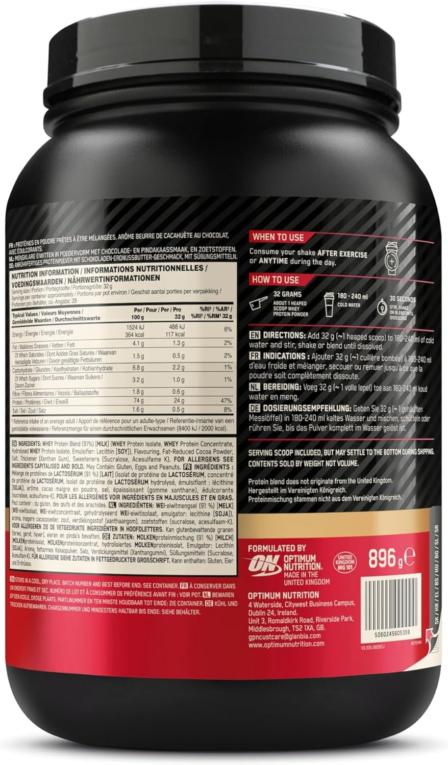 Optimum Nutrition Gold Standard Poudre de protéines de lactosérum 100 %, chocolat beurre de cacahuète 896 g (28 portions)