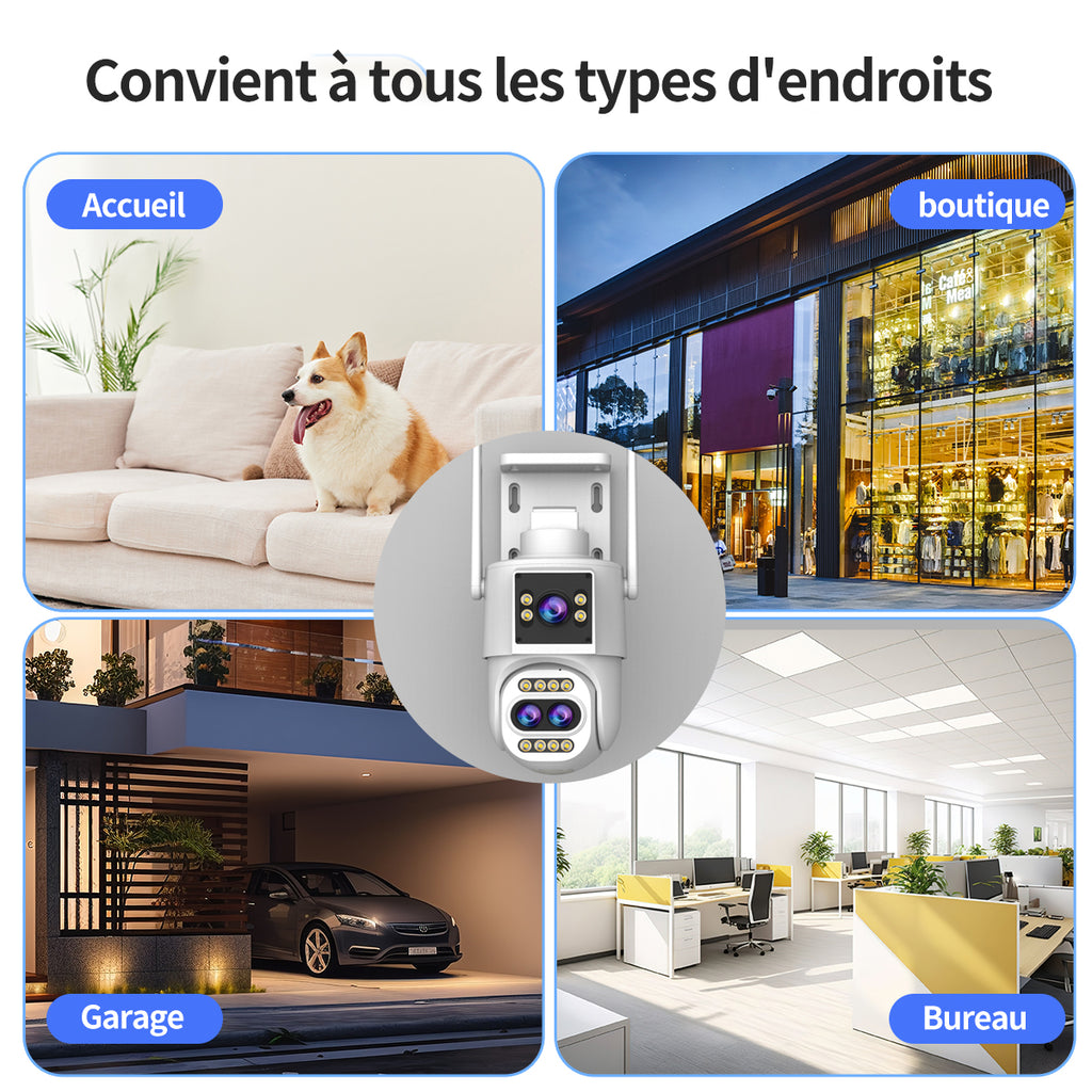 JOOAN Caméra de surveillance extérieure, 3 objectifs, 2 vues, zoom optique 10x et suivi automatique, IP PTZ 360°, Wi‑Fi 2,4 GHz filaire, IP66 étanche, alarme de détection de mouvement, stockage carte 8–256 Go/Cloud, notification SMS