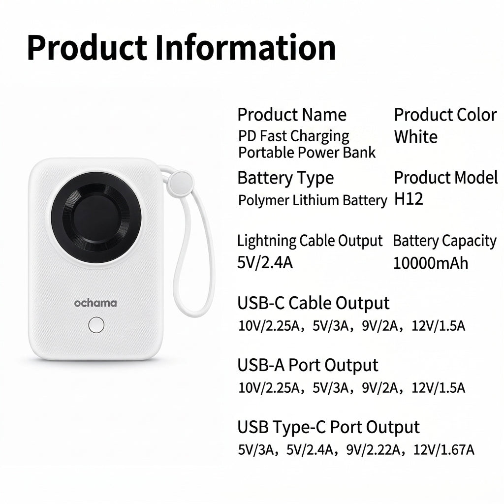 ochama Batterie Externe 10.000mAh, Charge Rapide 22,5W avec Double Câbles Intégrés, Affichage LED, Chargeur Portable Compact, Lightning/USB-C/USB-A, Compatible avec Apple