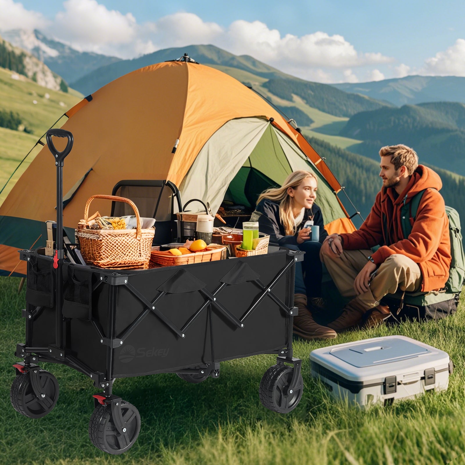Sekey Chariot pliable festival 200 L Avec roues tout-terrain extra larges et frein Noir