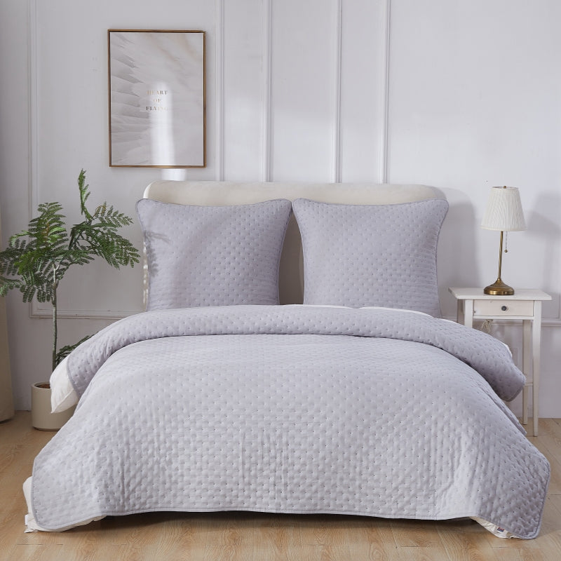 MEROPE, Couverture en polyester matelassée & 2 taies d'oreiller, 200x200/80x80 cm, gris, lot de 3