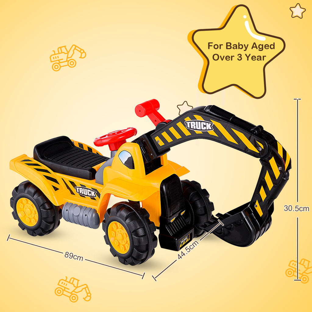 Excavatrice pour enfants et compartiment de rangement intégré, pelle avec klaxon, jouet excavatrice, pelle à sable, pelle avec siège pour enfants à partir de 3 ans, pierre et casque inclus