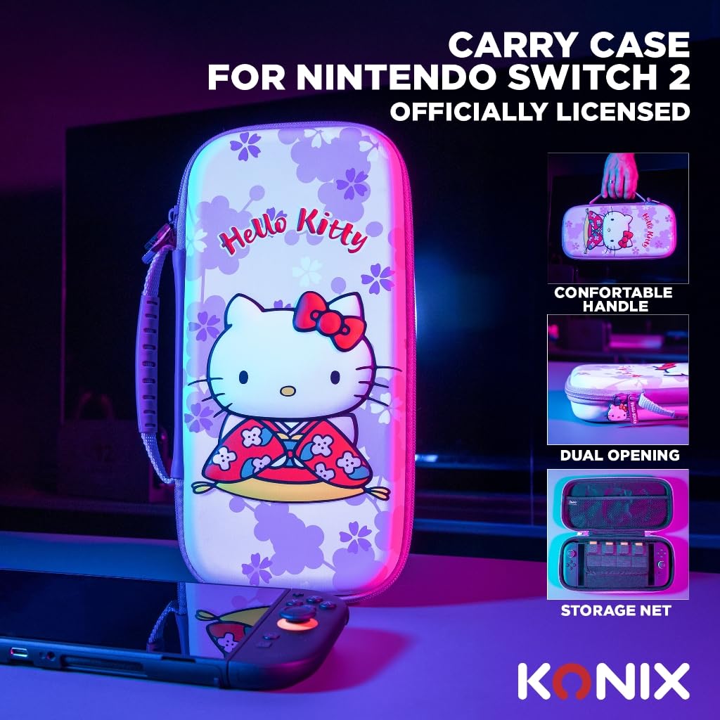 Konix Hello Kitty Housse de protection et transport console Nintendo Switch 2 - Filet rangement accessoires - 8 compartiments jeux - Motif 3D - Rose