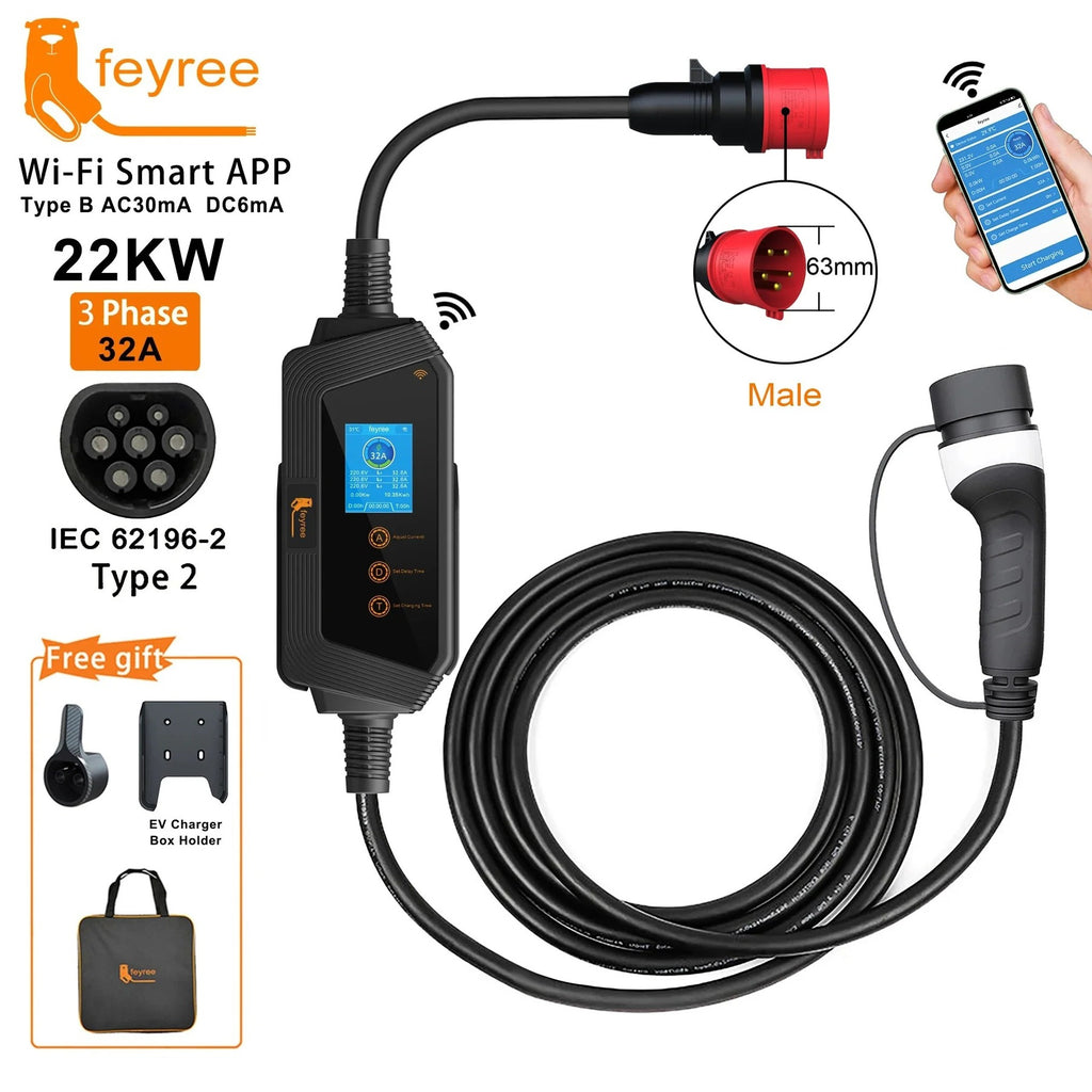 Feyree Chargeur portable pour véhicule électrique 22 kW 32 A triphasé type 2, commande par application Wi-Fi, boîtier de recharge EVSE, station de recharge pour voiture électrique