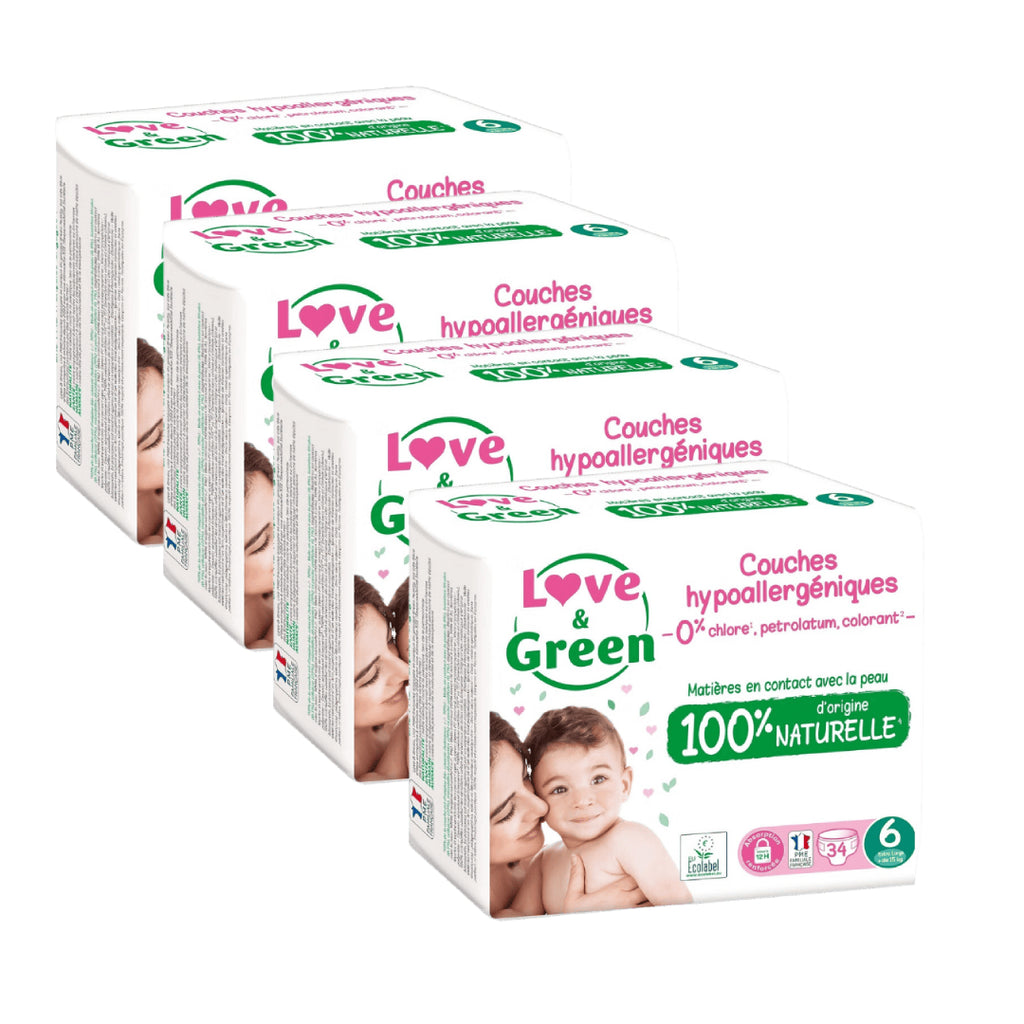 LOVE & GREEN Couches hypoallergéniques et écologiques T6 - Pack mensuel de 4 (136 couches au total)