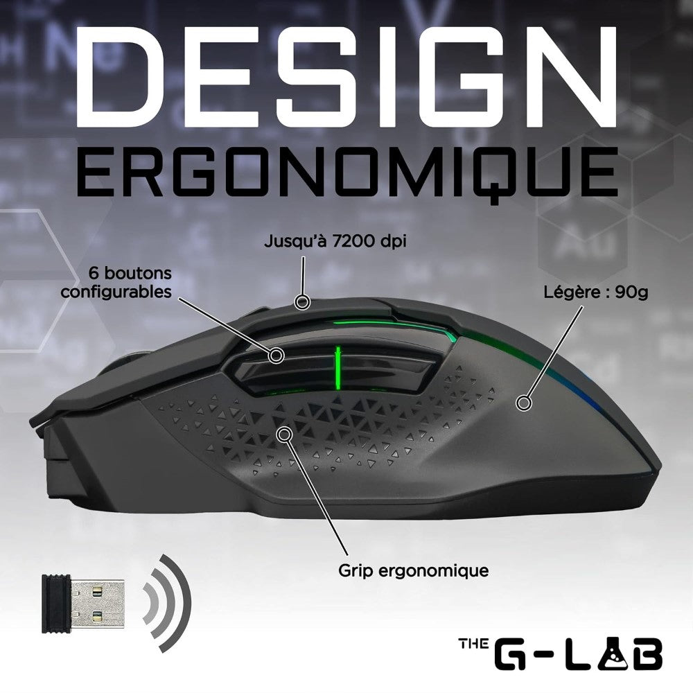 THE G-LAB Kult Caesium Souris gaming sans fil 7200 DPI, 6 boutons, Éclairage RGB, Noir