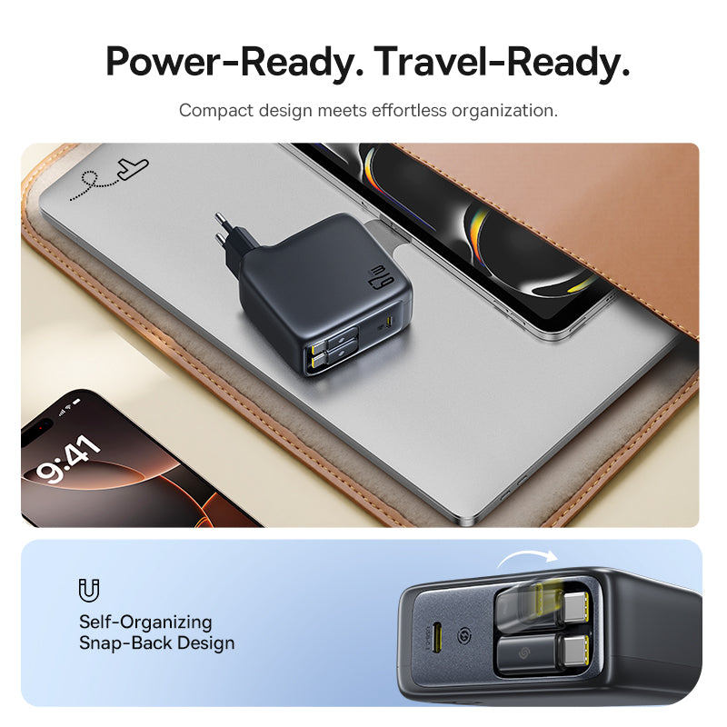 Baseus EnerCore CJ21 USB-C Chargeur avec 2 cables rétractables 3C 67 W - Noir interstellaire