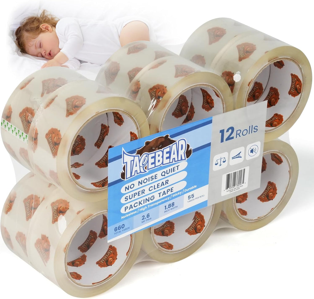 TAPEBEAR Ruban d’emballage silencieux, haute transparence améliorée, 66 µm x 4,8 cm x 50 m, recharges de ruban d’emballage, ruban d’expédition robuste pour scellage