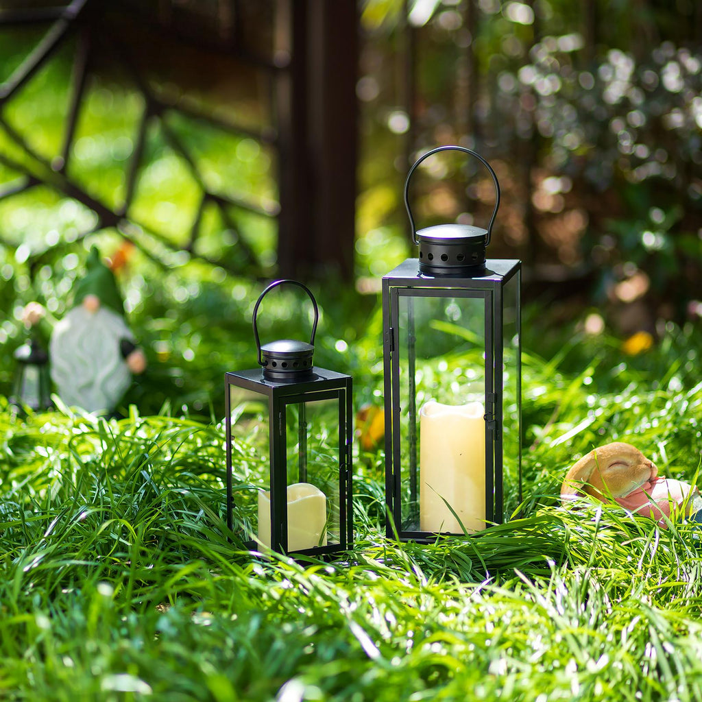 Lanternes noires décoratives d'intérieur : 9,5 pouces lanterne hurricane de mariage suspendue avec verre transparent support à bougie de style maison de campagne pour salon table de
