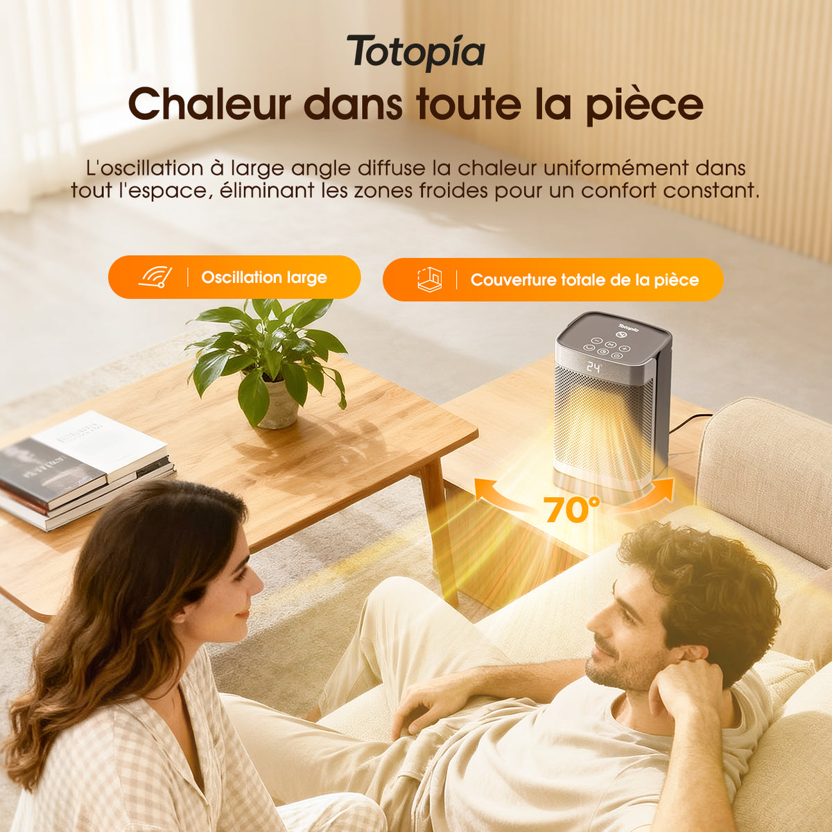 Totopia Chauffage électrique PTC 1500 W avec 2 modes de chauffage, Minuterie 12 h, Protection anti-basculement et anti-surchauffe, Chauffage d’appoint pour chambre, bureau