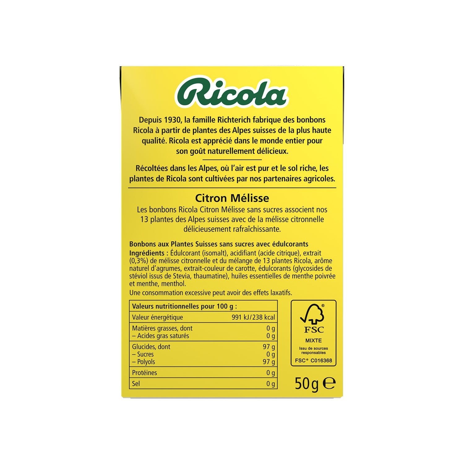 Ricola Pastilles pour la Gorge aux Plantes au Baume au Citron Sans Sucre 50 g