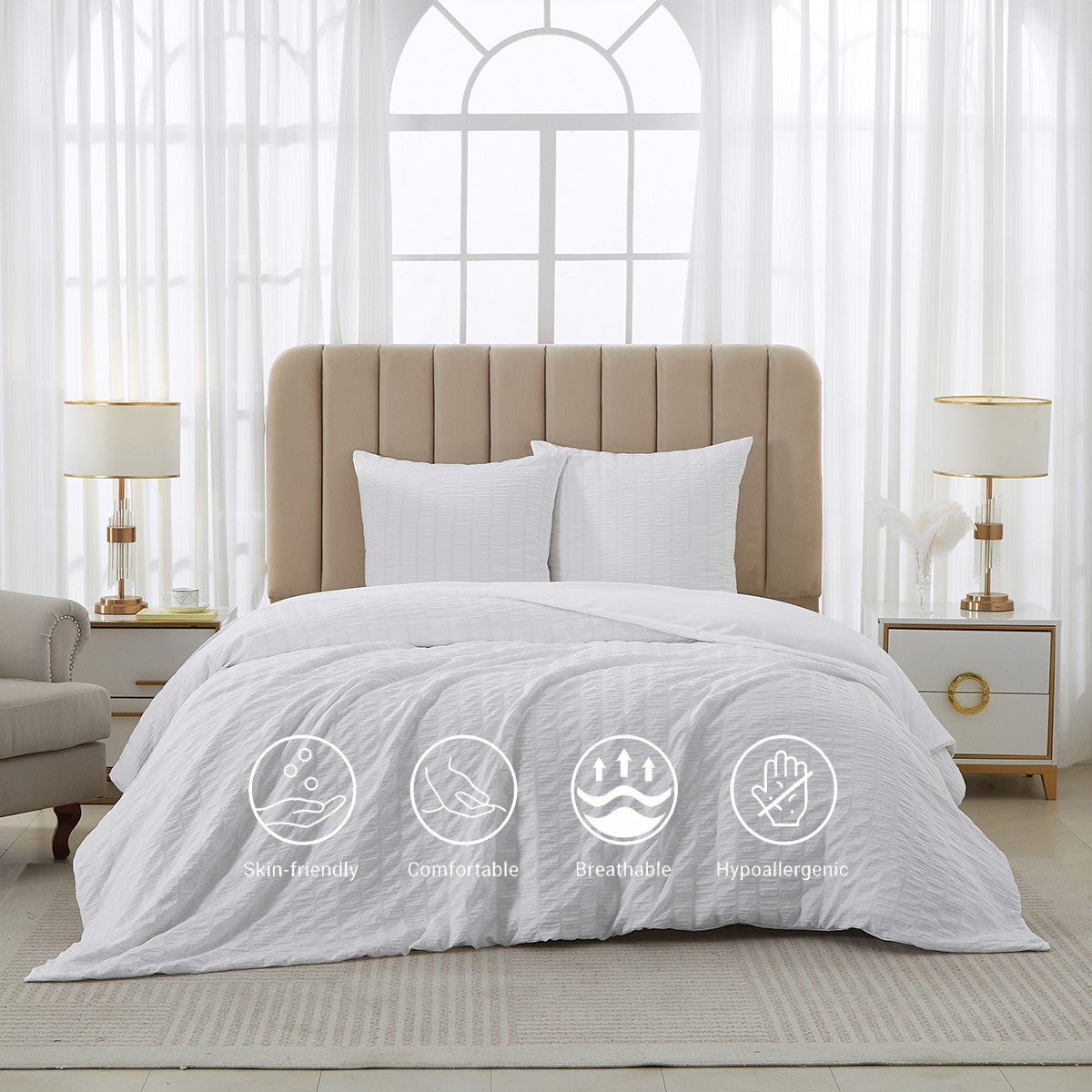 MEEALLHOME Parure de lit Seersucker blanc - 1 housse 155 x 220 cm et 2 taies 80 x 80 cm