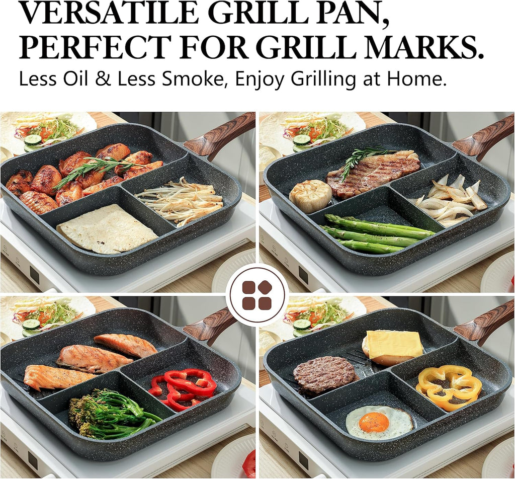 SENSARTE Poêle grillée antiadhésive à séparateurs, 3 sections, polyvalente pour petit-déjeuner, poêle grillée carrée durable, poêle gril à steak, sans PFOA, PFOS ni APEO