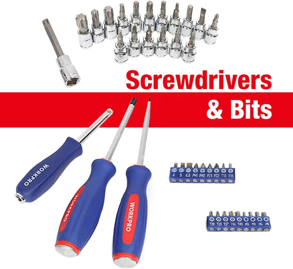 WORKPRO Jeu de douilles 123 pièces, 1/2", 1/4", 3/8" Jeu d'outils de mécanique | Clé à cliquet à libération rapide, Acier Cr-V, Douilles métriques et SAE, Rangement facile