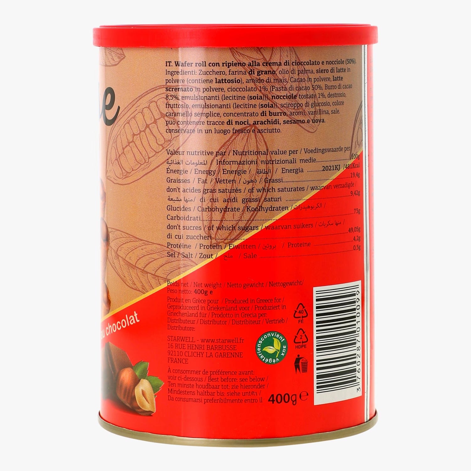 CRAQUISE Gaufrettes Fourrées Amande-Chocolat Boîte en Métal, 400 g