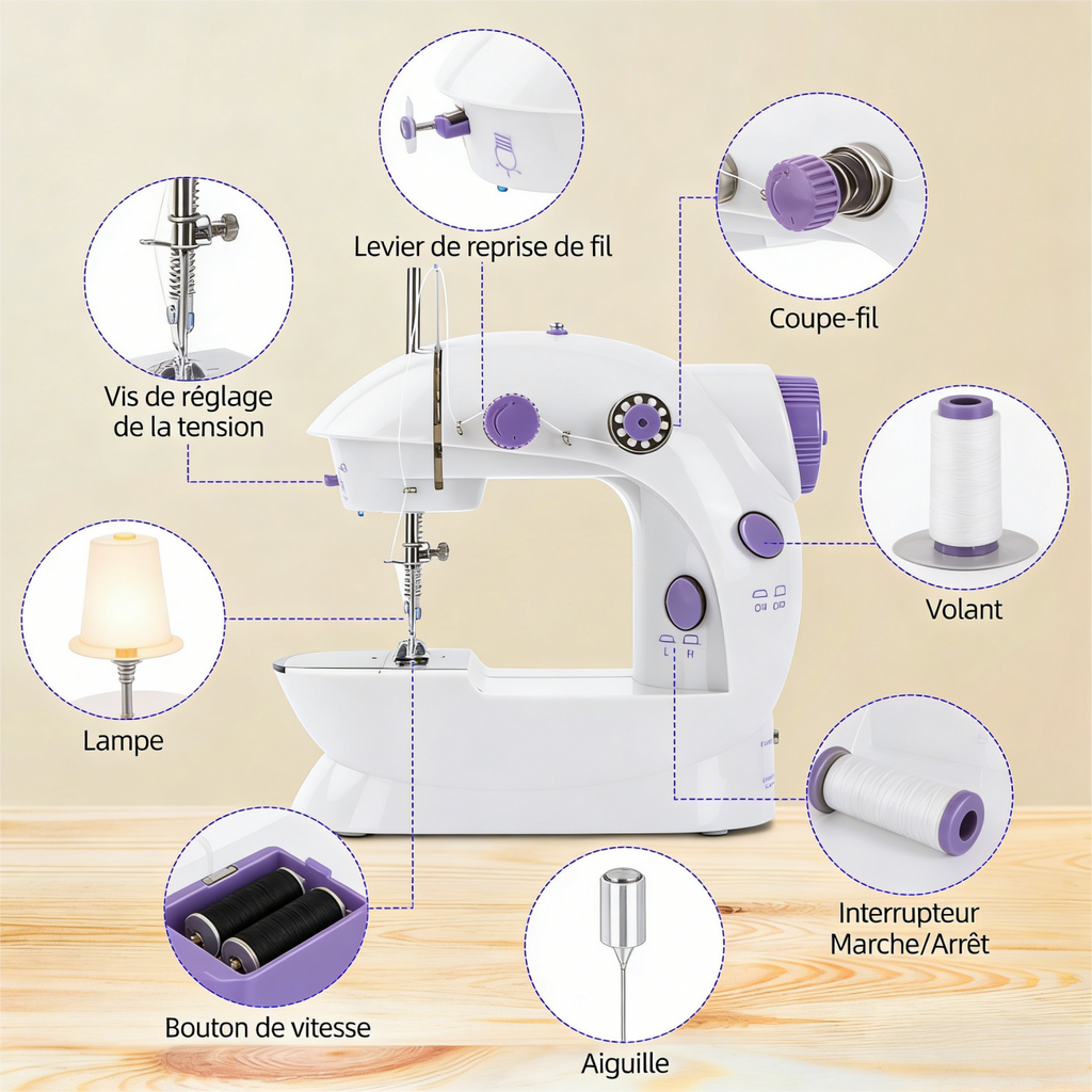 IAGREEA Machine à coudre électrique portable à pédale, mécanique, 6 V, 1 A alimentation secteur ou 4 piles AA avec pédale, 1 bobineuse, 1 bobineuse vide, 1 aiguille de rechange et 1 appareil d’ajutage
