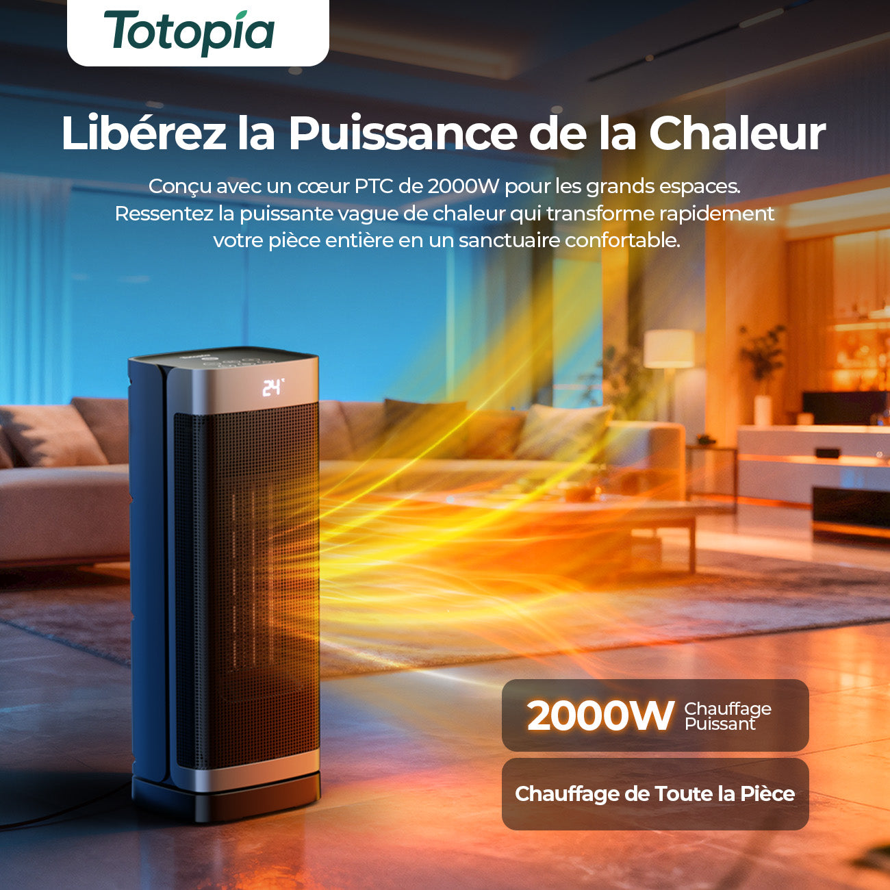Totopia Chauffage électrique 2000 W, Chauffage céramique PTC, Télécommande, 2 modes de chauffage, Minuterie 12 h, Thermostat réglable, Protection anti-basculement et surchauffe