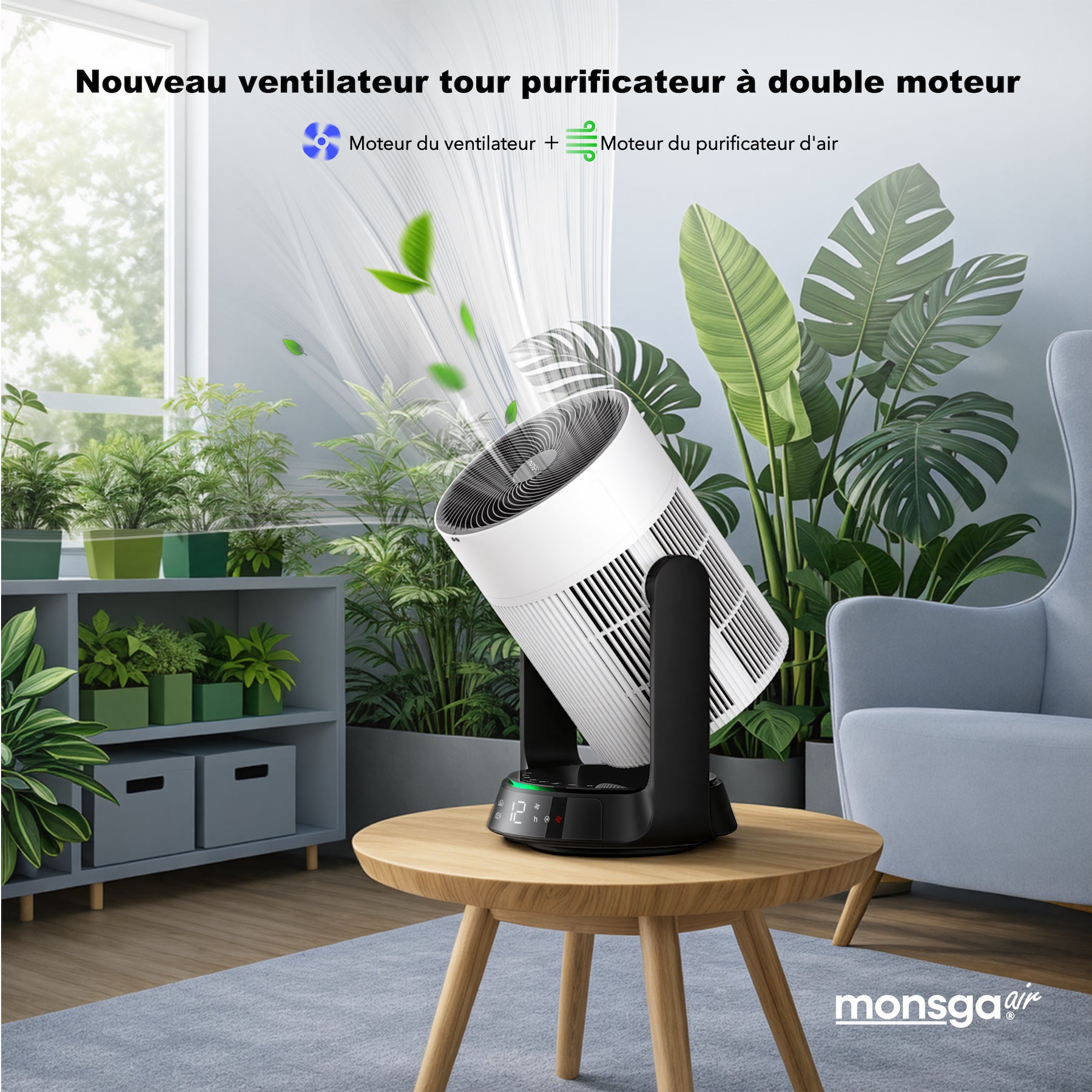 Monsga AP200 Ventilateur sur Pied 2-en-1 avec Purificateur d'air, Oscillation 360°, CADR 280 m³/h pour Allergies et PM2.5, Silencieux 25 dB, Télécommande et App, Refroidissement pièce entière