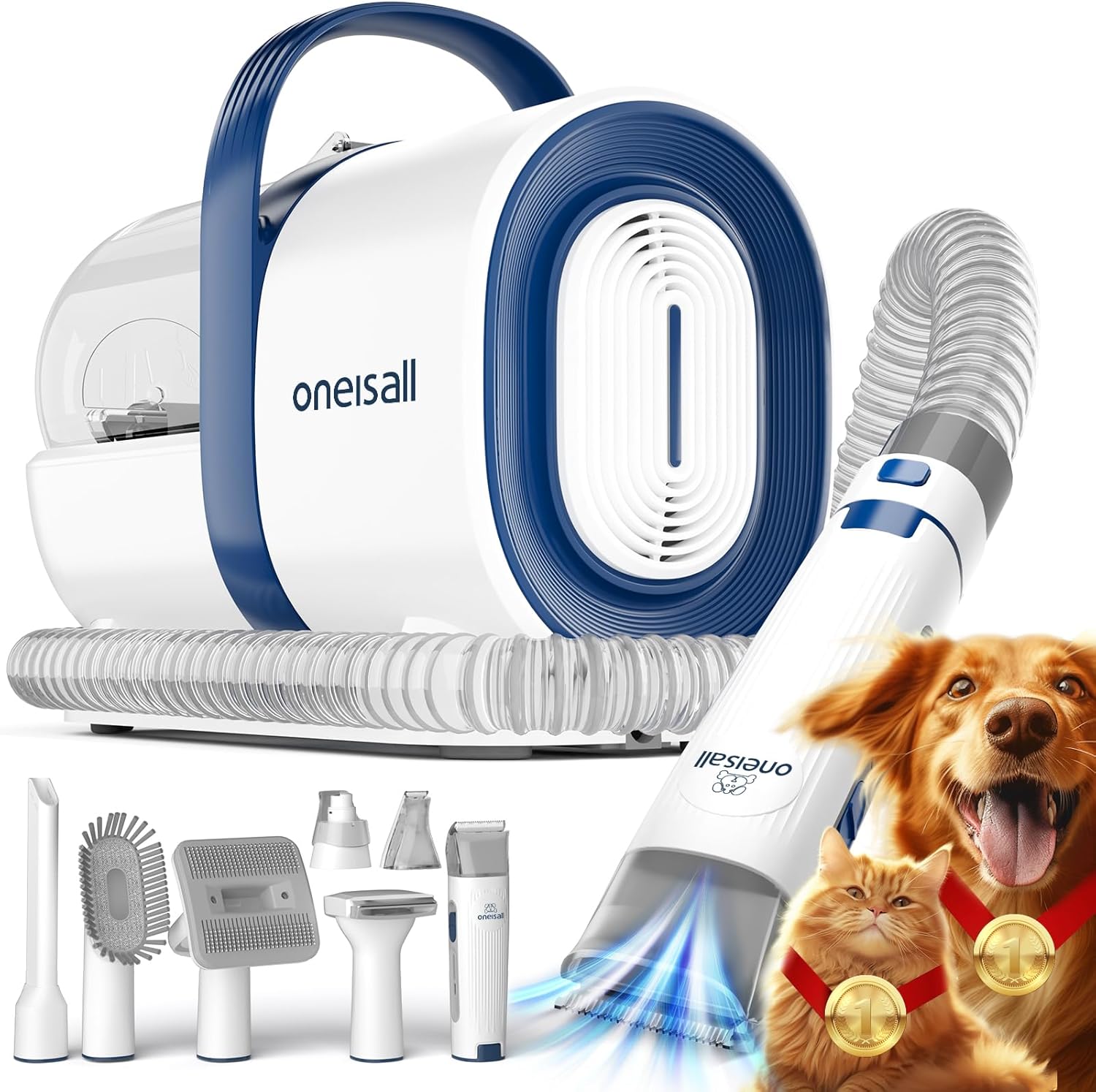 Oneisall Tondeuse pour chien avec aspirateur et brosse | Aspirateur pour poils, puissance d'aspiration super 12000 Pa, aspire 99,99 % des poils d'animaux, 7 accessoires de soin, 1,5 L