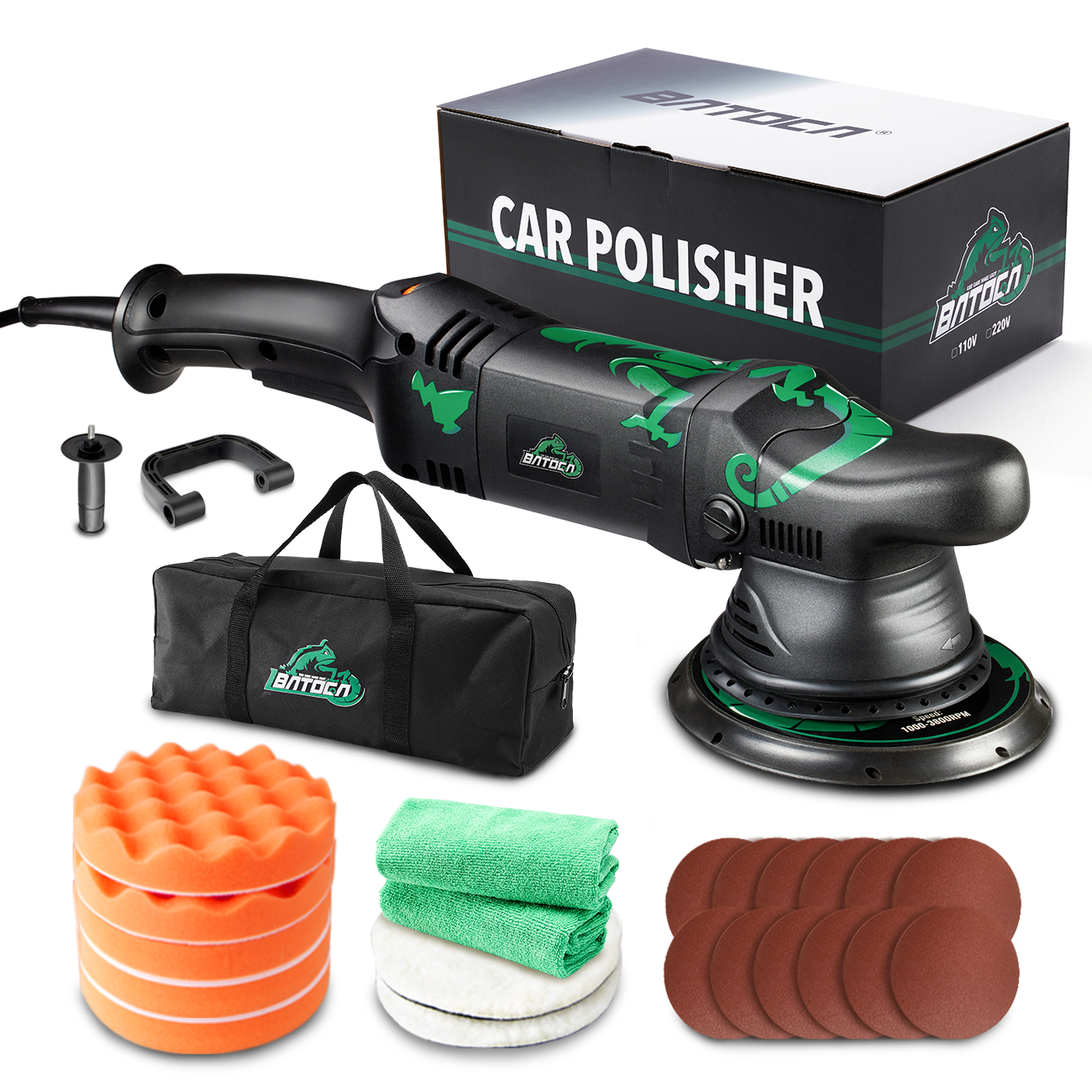 BATOCA Polisseuse automobile orbitale excentrique double action 5 po, Lustreuse double action 6 vitesses variables pour esthétique automobile, avec tampons en mousse pour cirage