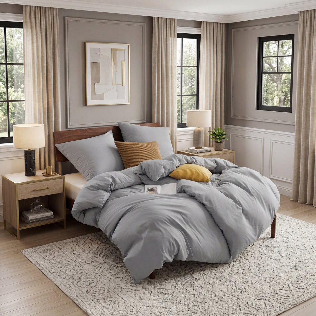 Parure de lit en microfibre avec housse de couette de 80 x 80 cm et taie d'oreiller, Gris, 155 x 220 cm, 90 % polyester