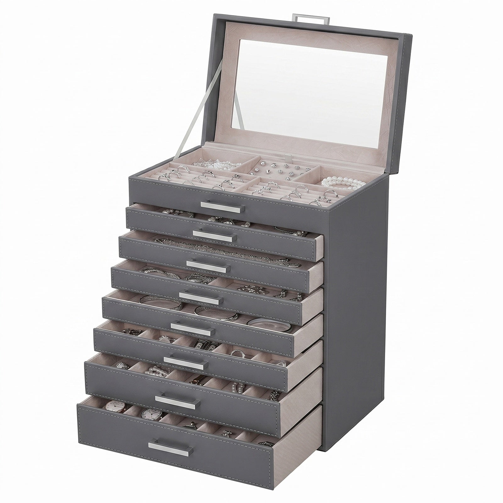 JOYFURNOS Grand Organisateur de Bijoux, Boîte à Bijoux à 8 Niveaux avec Miroir, 7 Tiroirs, Étui de Rangement Moderne, Idée Cadeau, Gris Foncé