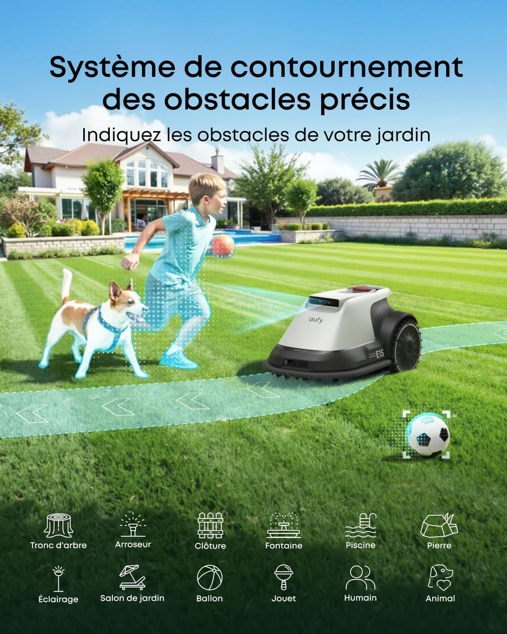 eufy E15 Robot tondeuse sans câble périphérique, sans coupure de signal, sans RTK, technologie TrueVision, navigation intelligente, jardin jusqu'à 800 m², tonte précise