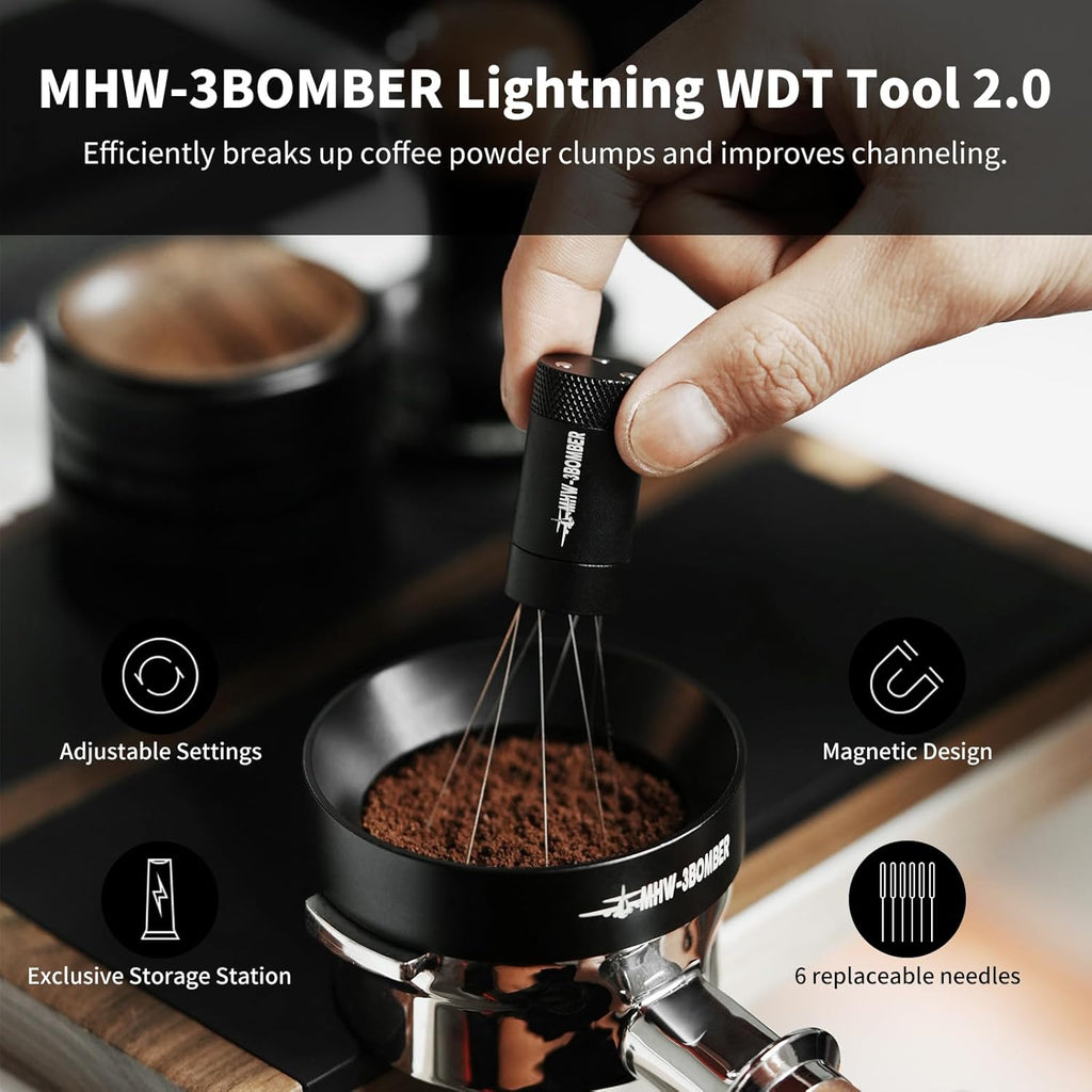 MHW-3BOMBER Outil WDT , outil de distribution d'espresso avec support magnétique, portée réglable, mélangeur à aiguilles de café, acier inoxydable 304, 8+6 aiguilles, 0,4 mm, T6126