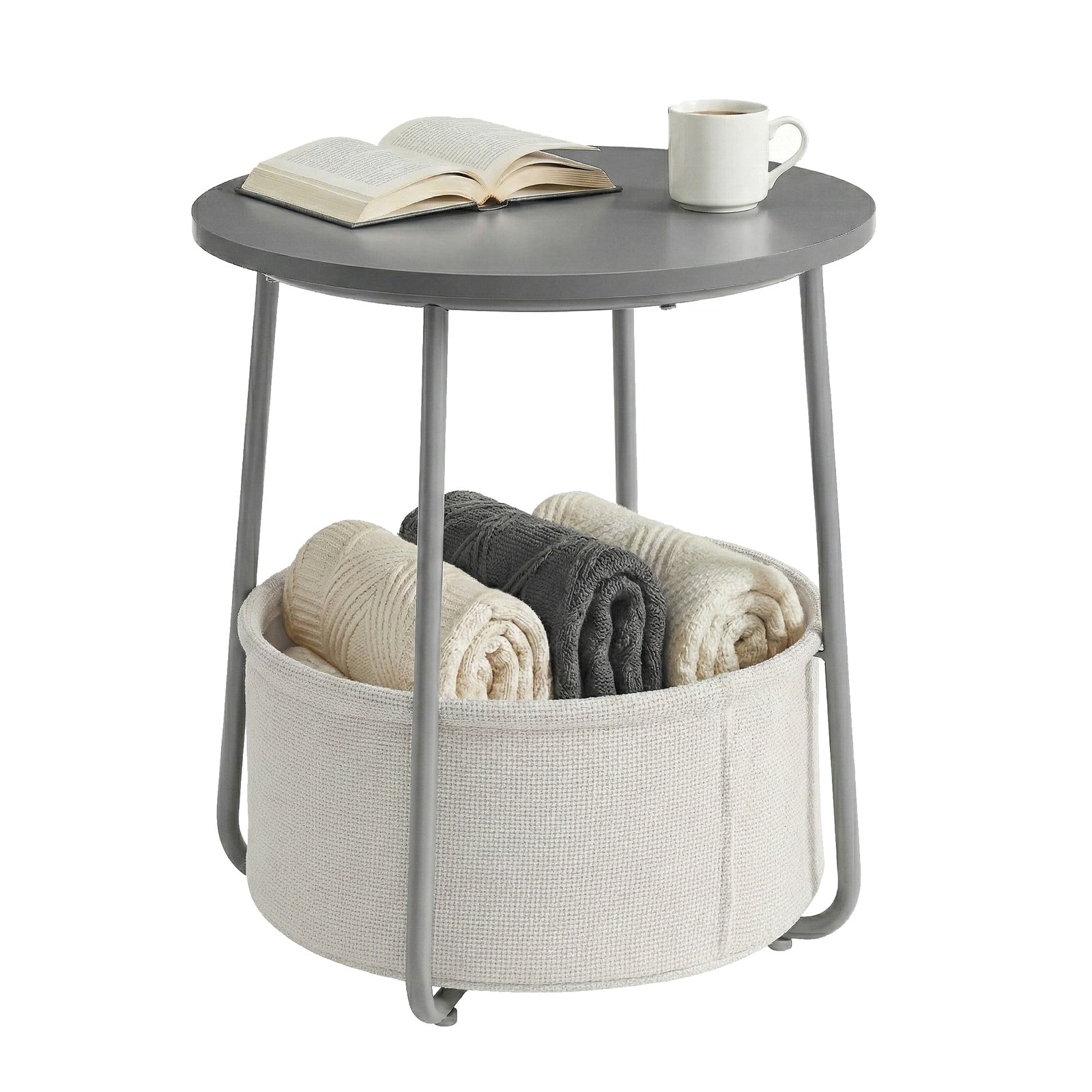 JOYFURNOS Table d'appoint, Bout de canapé rond avec panier en tissu, Pour salon et chambre, Table de chevet, Style moderne, Gris