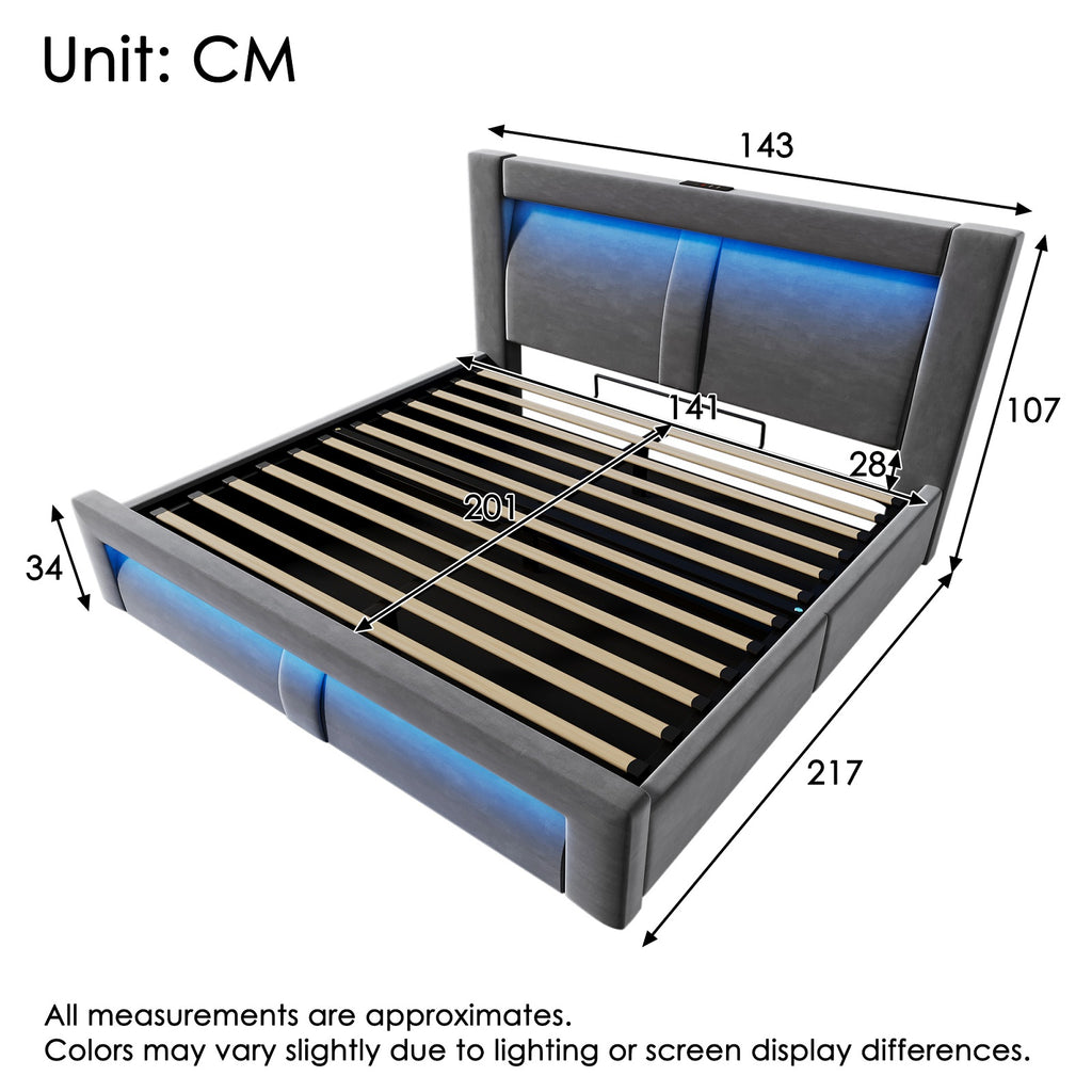 URBAN MEUBLE Lit double 140x200 cm en velours avec rangement, mécanisme de levage hydraulique, éclairage LED, ports USB et Type-C, tête de lit incurvée, gris, sans matelas