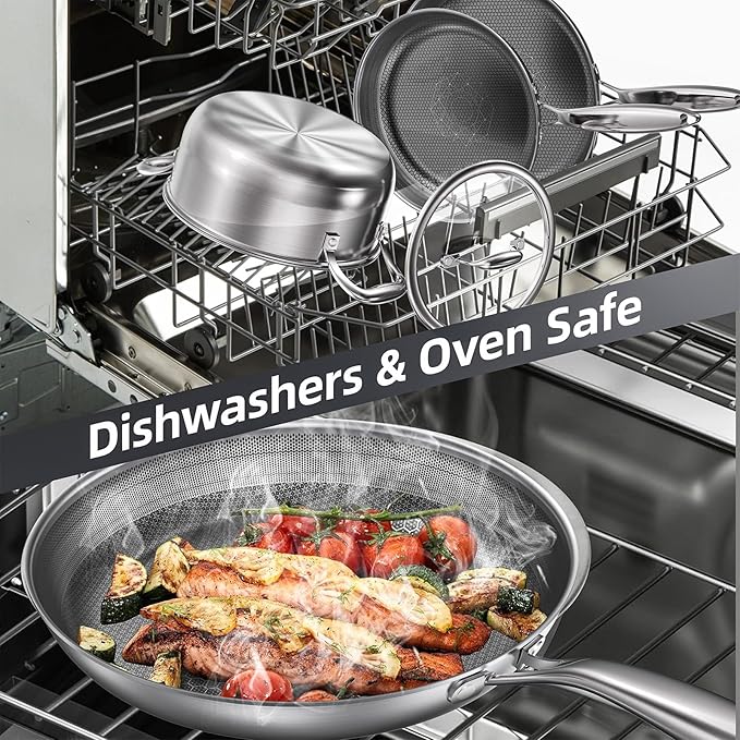 COOKER KING Lot de 3 poêles en acier inoxydable (8 + 10 + 12 pouces), poêles antiadhésives, compatible induction, poêle chef, passe au lave-vaisselle et au four, poignées isolantes, compatible avec tous types de plaques