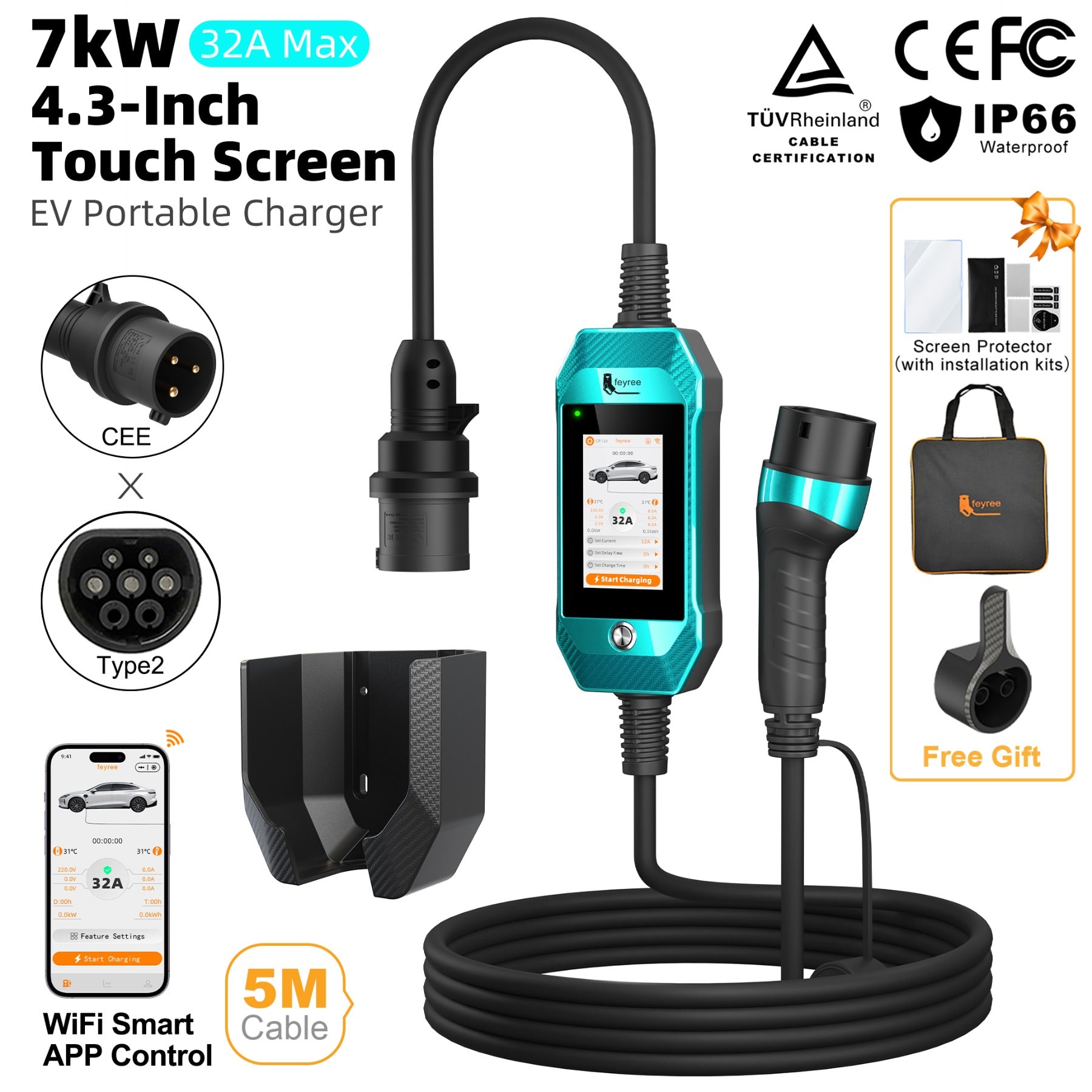 Feyree Chargeur EV portable 7 kW avec écran tactile 4,3 pouces, type 2, contrôle via application WiFi, chargeur domestique pour voiture électrique