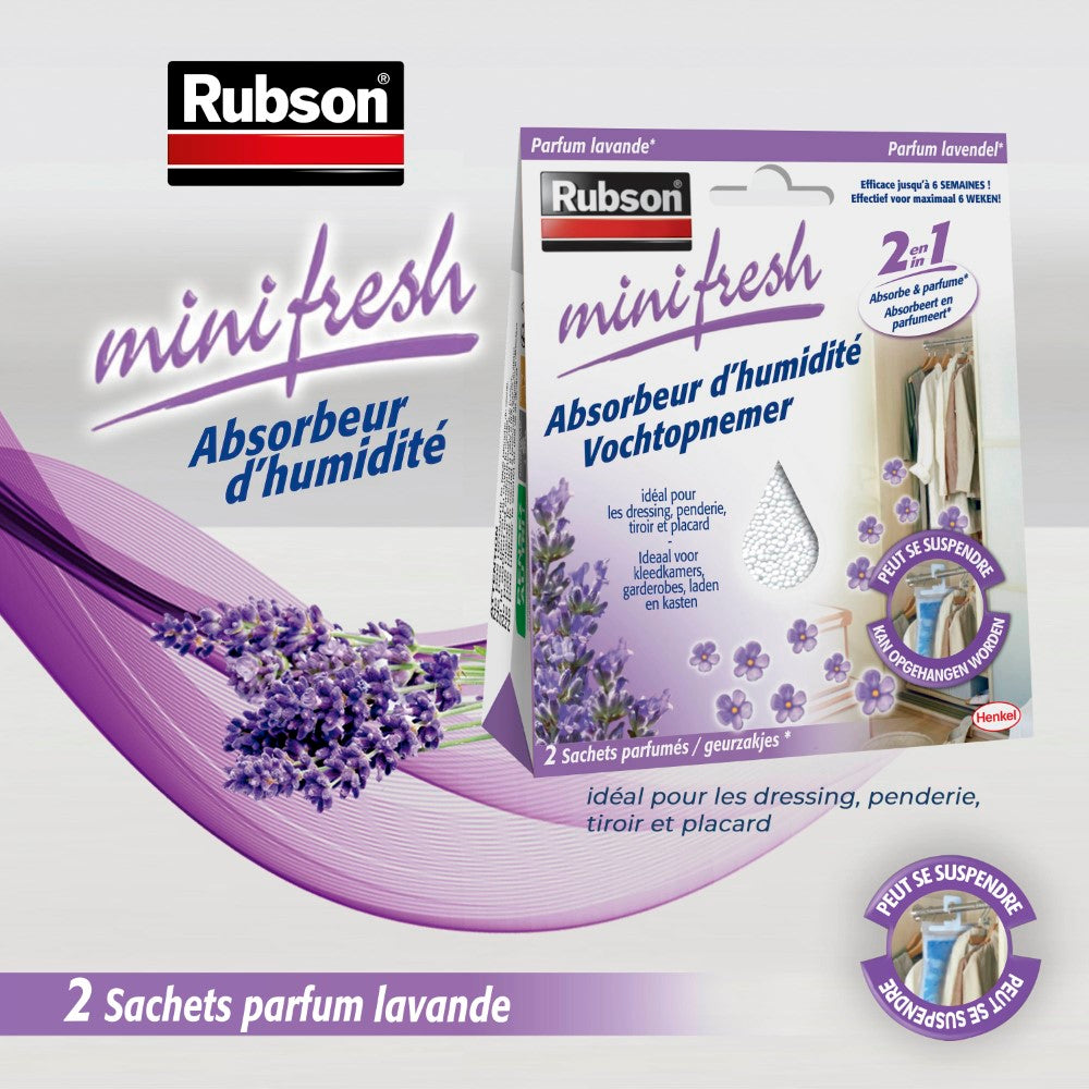 Henkel Rubson | Absorbeur d’Humidité Minifresh Parfum Lavande (2 sachets de 50 g) – Idéal pour dressing, penderie, tiroir et placard – Efficace jusqu'à 6 semaines