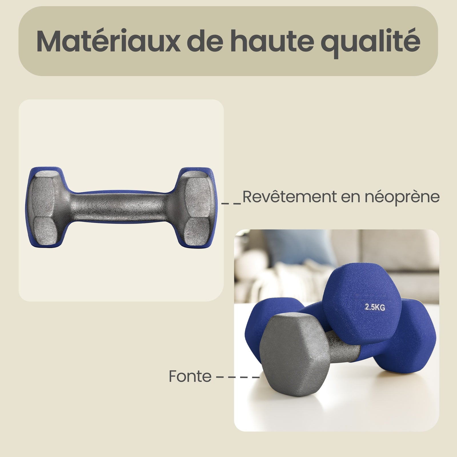 JOYFURNOSPaire d’haltères hexagonaux 2,5 kg, poids à main revêtus de néoprène pour entraînement à domicile, remise en forme et renforcement musculaire, bleu portuaire