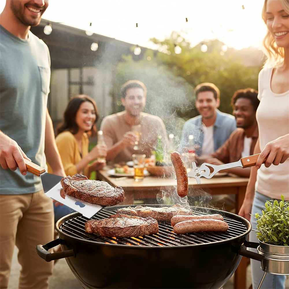 Huacan Set de 3 ustensiles de barbecue en acier inoxydable et manche en bois avec fourchette, spatule et pince à viande