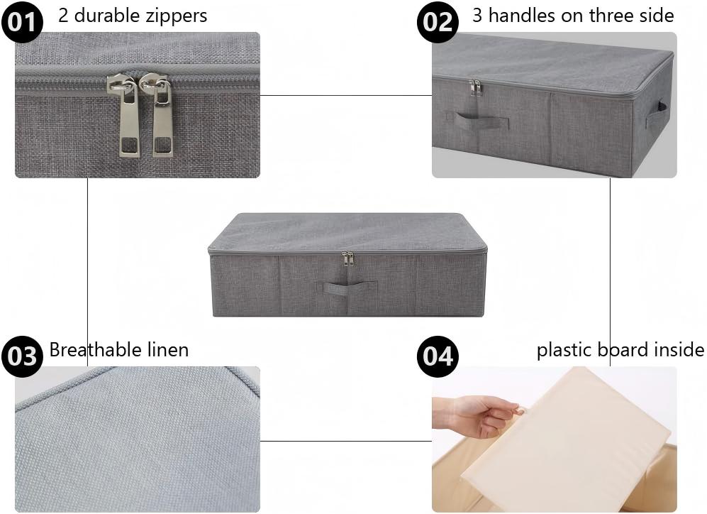 ANQI Lot de 2 boîtes de rangement pliables sous lit avec couvercle à fermeture éclair, Gris clair