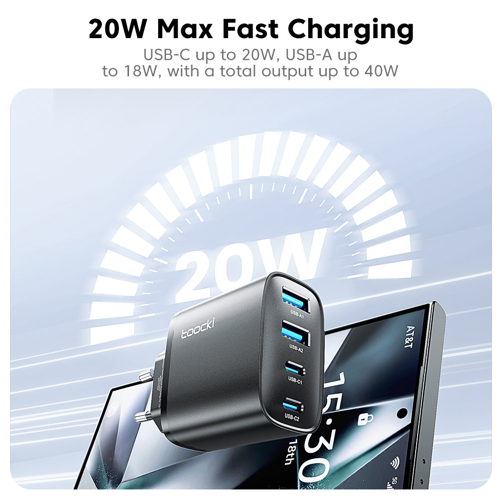 Toocki Bloc chargeur mural USB-C rapide, 40 W, 4 ports USB-C, adaptateur PD + chargeur USB multiport QC 3.0, pour iPhone 17/16/15/14/13/12 Pro Max, iPad, Galaxy S25