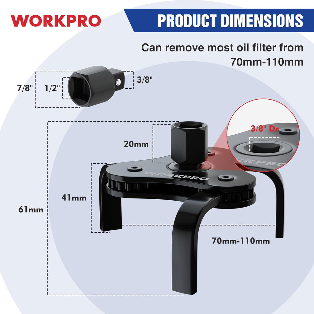 WORKPRO Clé universelle pour filtre à huile, outil d'extraction de filtre à huile réglable à 3 mâchoires, pour filtres à huile 70-110 mm