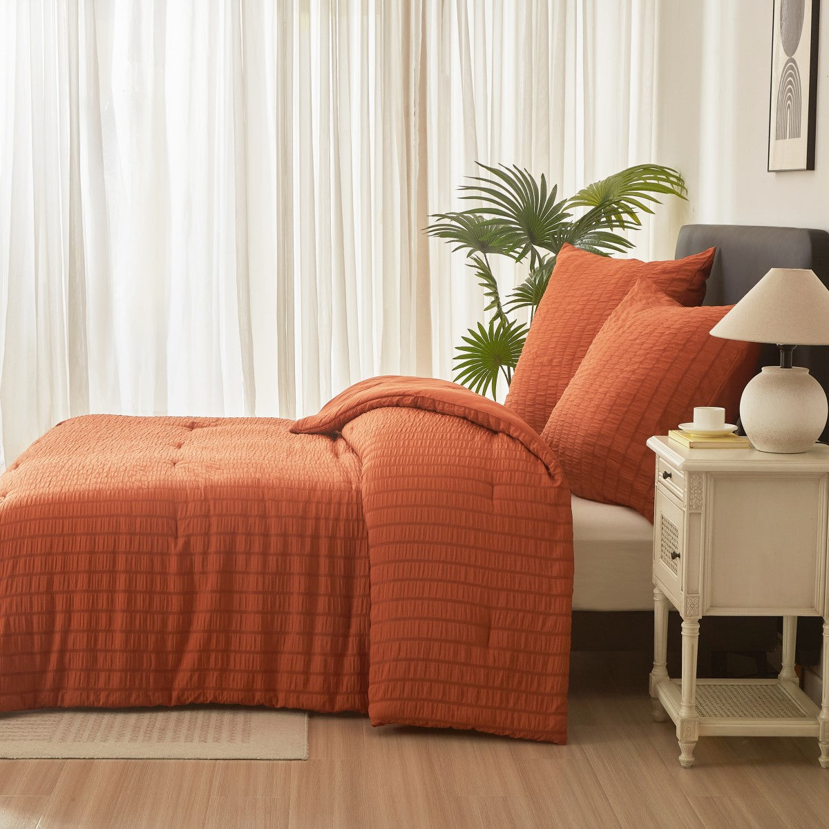 MEEALLHOME Parure de lit texturée Seersucker mandarine - 1 housse 260 x 240 cm et 2 taies 65 x 65 cm