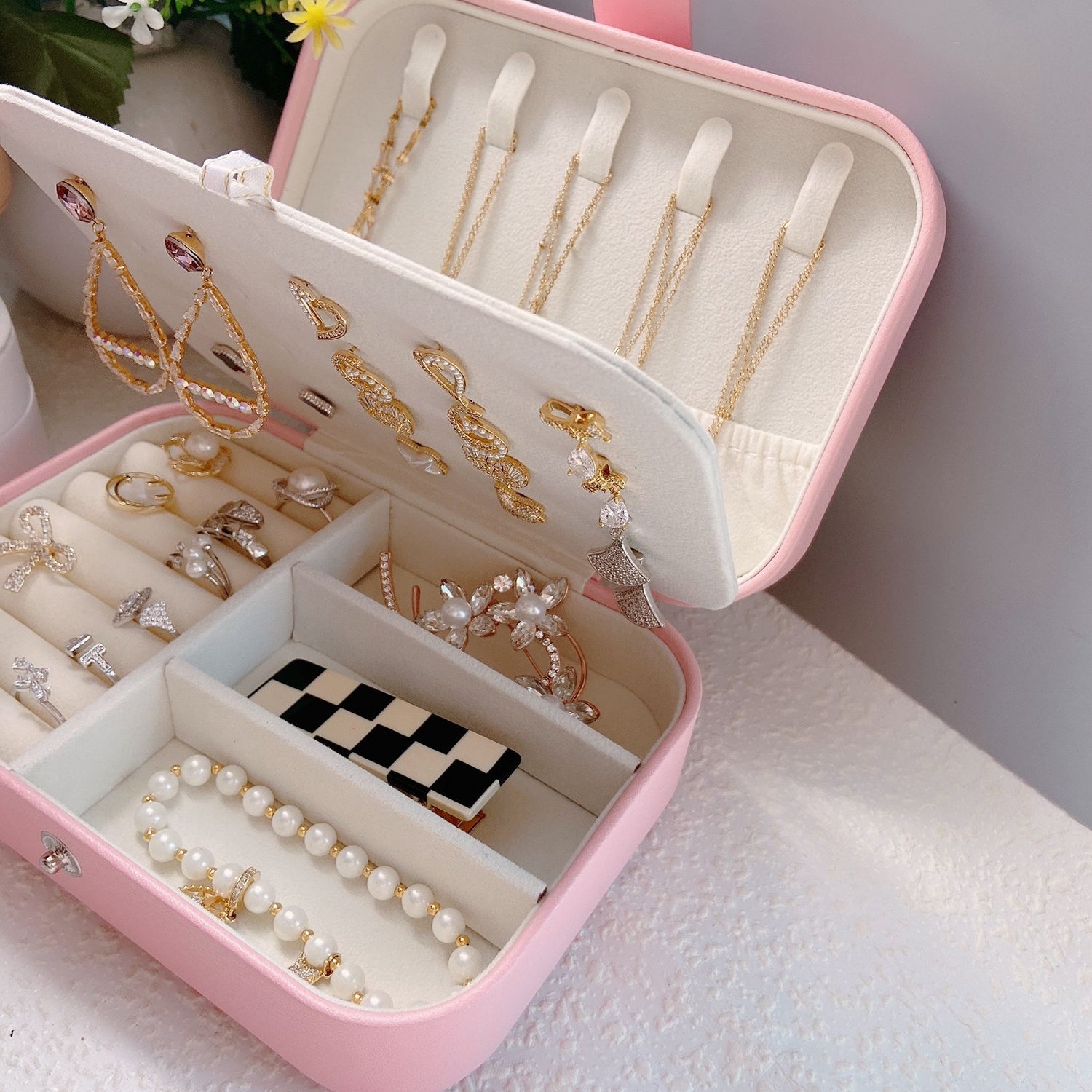 JU7CER Mini boîte à bijoux portable pour boucles d’oreilles, colliers et bagues - Rose