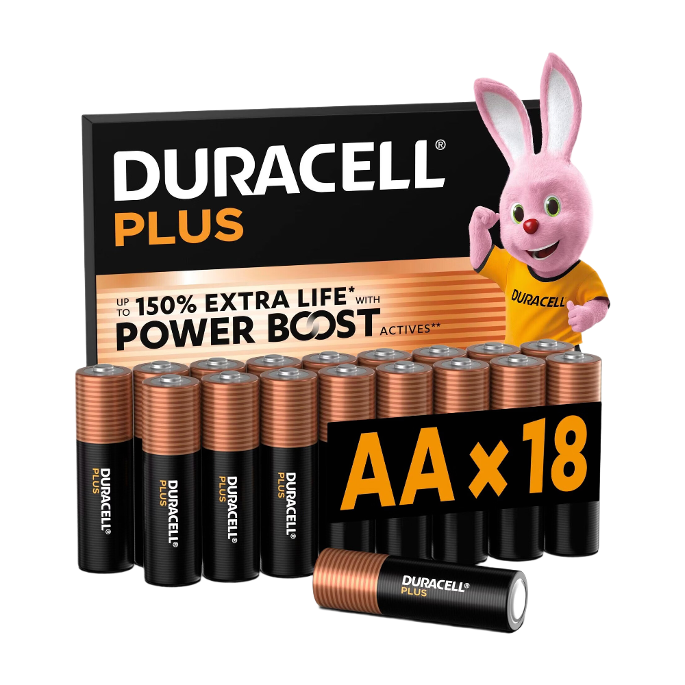 DURACELL Plus Lot de 18 piles AA alcalines 1,5 V, durent jusqu’à 150 % plus longtemps grâce aux Actifs POWER BOOST, fiables pour vos appareils du quotidien, emballage 0 % de plastique