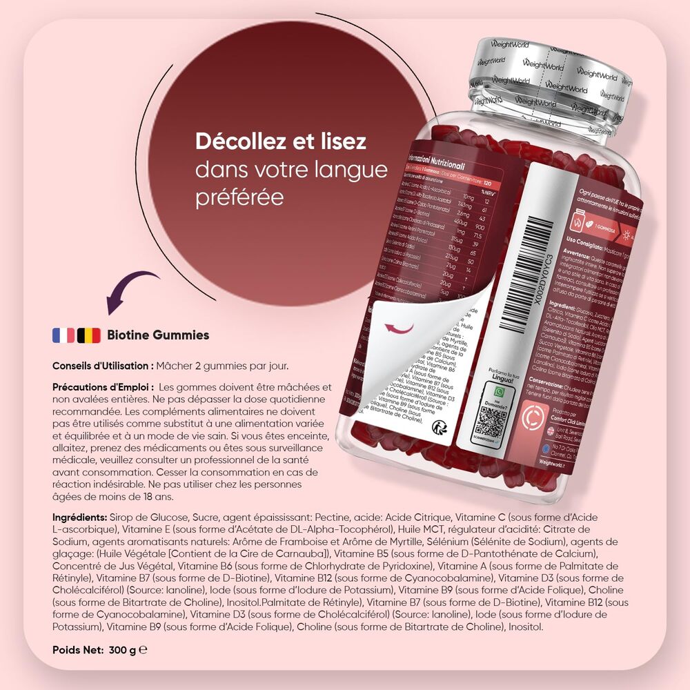 WeightWorld Gommes à la biotine pour cheveux, peau et ongles 450 µg 120 gommes