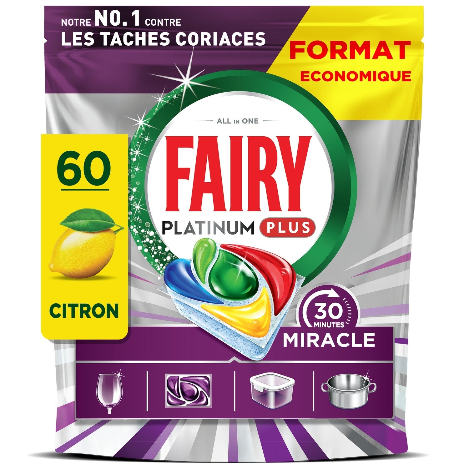 Fairy Platinum Plus Tablettes Lave-Vaisselle Tout-en-1, Miracle 30 Minutes, 60 Tablettes, Notre Nettoyant n°1 Pour Les Résidus Alimentaires Tenaces